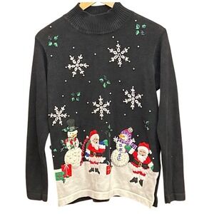 Vintage Ugly Christmas Sweater Beaded Santa Snowman Winter Holiday Small Festive